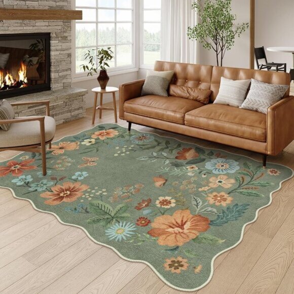 Bedroom rug 5x7 Large Vintage Floral Area Rug for Living  New 5x7 Green Floral Area Rug, Washable Non-Slip Low-Pile Carpet for Living Room